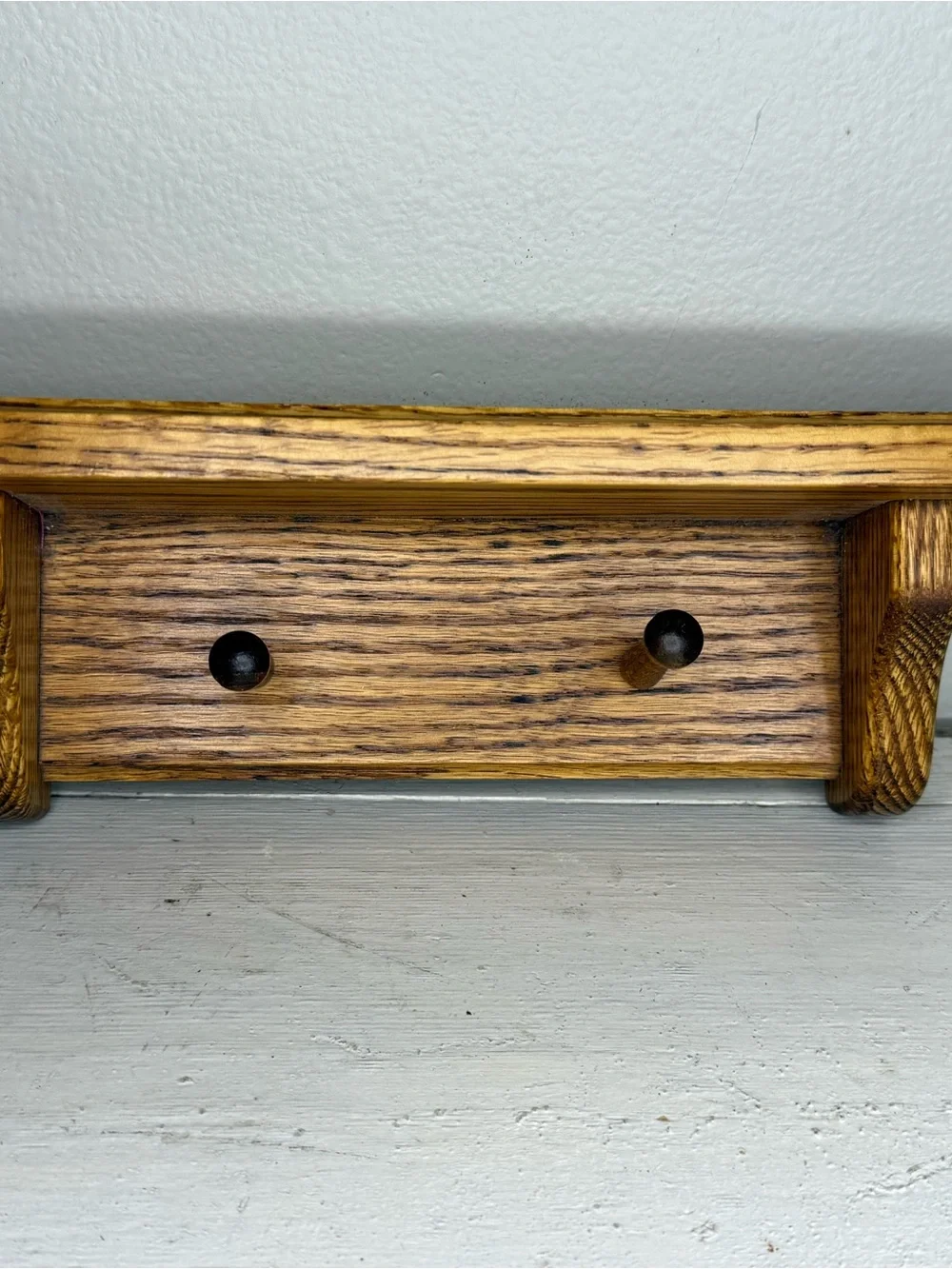 Vintage Solid Oak Shaker Wood Country Wall Mounted Shelf w/2 pegs, Cottagecore